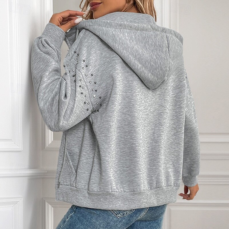 Women's Zip Up Hoodies Hoodies Plain Streetwear Modern Casual Long Sleeve Hooded Regular Tops Street Dailywear Drawstring Front Pocket Light Grey Spring Fall3