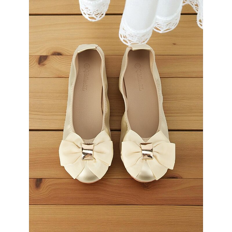 Women's Gold  Ballet Flats with Bow, Elegant Round Toe Slip-On Dress Shoes, Comfortable Wedding , Party Flats and Daily Everyday Wear4