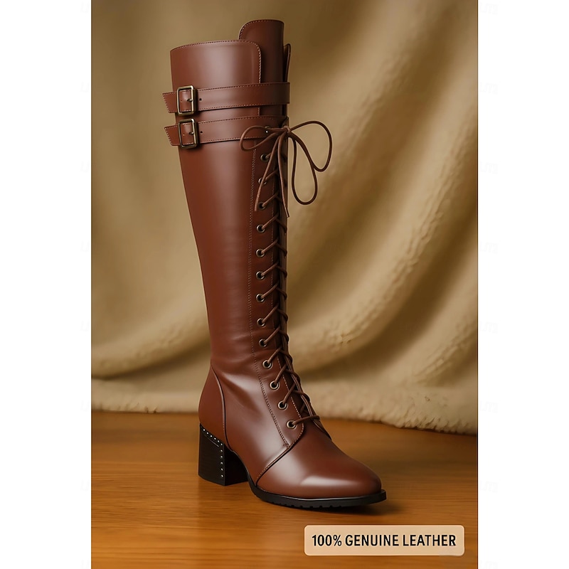 Women's Genuine Leather Knee High Boots, Premium Cowhide Material, Lace-Up and Buckle Detail, Block Heel, Urban Casual Fashion Footwear for Women