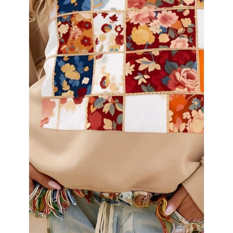 Women's Pullover Sweatshirts Floral Plaid Fashion Streetwear Casual Long Sleeve Crew Neck Regular Tops Dailywear Casual Print Khaki Spring Fall4