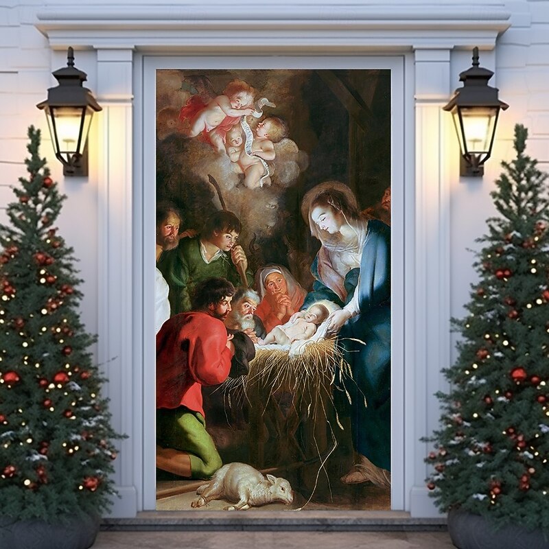 Christmas Door Cover Winter Holiday Decoration Drapes with Jesus Nativity Scene Print for Home Entryway Living Room Bedroom Indoor Outdoor Festive Seasonal Religious Home Decor3