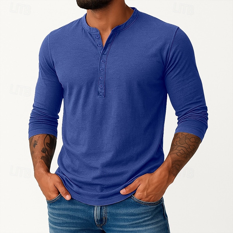 Men's Henley Shirt Tee Top Long Sleeve Shirt Long Sleeve Plain Vintage Basic Casual Vintage Style Washed Henley Vacation Street Casual Spring Fall All Seasons Black Burgundy Navy Blue Henley T-Shirt