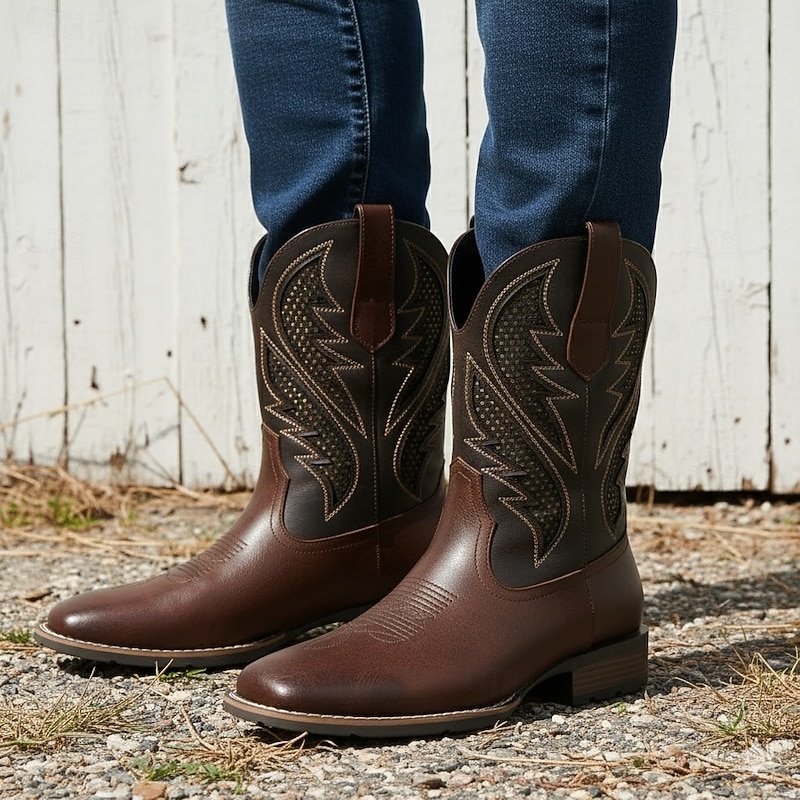 Men's Tan Western Ankle Boots with Chevron Pattern - Premium Leather, Stylish, Perfect for Casual Wear, Cowboy Events and Outdoor Adventures4