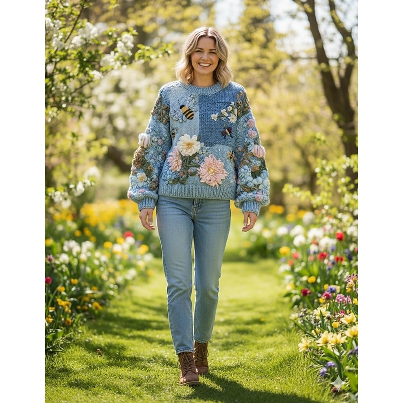 Women's Sweater Vintage Sweater Pullover Daily Casual Floral Ribbed Crew Neck Knitted Print Long Sleeve Regular Tops Knit Outdoor Weekend Blue Fall Winter2