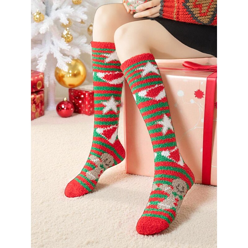Women's Christmas Fuzzy Knee High Socks, Warm Cozy Winter Homewear Stockings with Festive Red Green Star Pattern for Holiday Lounging & Gifts