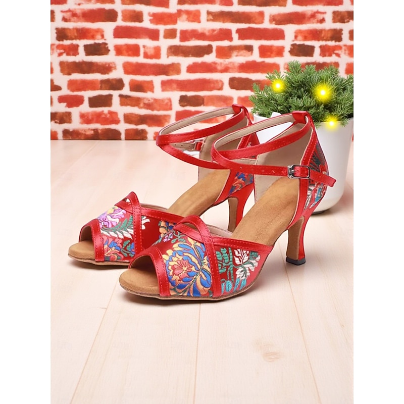 Women's Red Embroidered Peep Toe Dance Heels, Ethnic Floral Ankle Strap Shoes for Ballroom, Prom & Party Outfits3