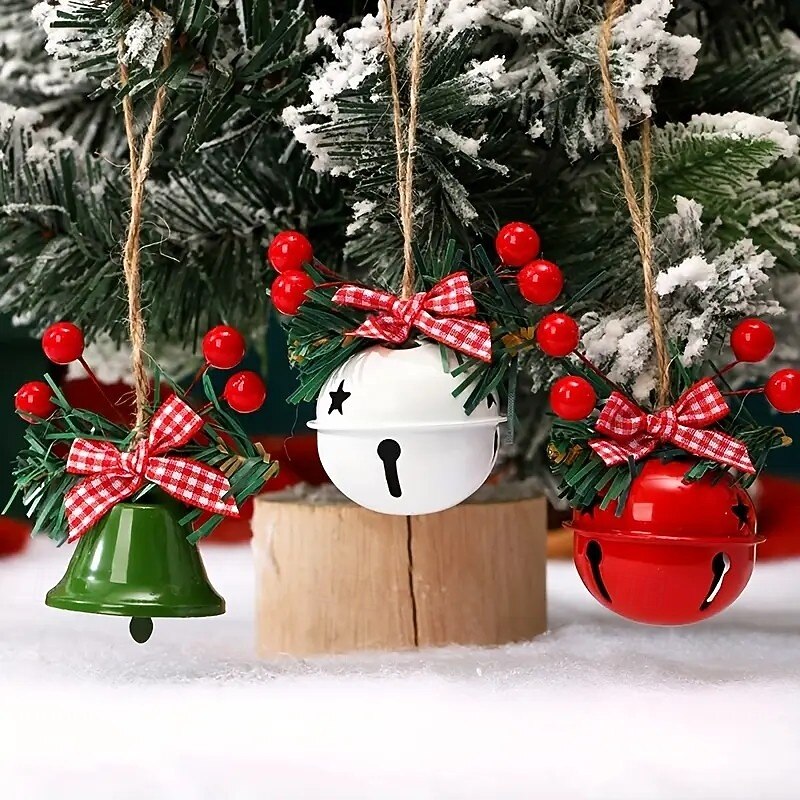 6pcs Christmas Bells Ornaments – Metal Hanging Decorations with Red Berries and Plaid Bows, Perfect for Holiday Tree, Wreath, Wall and Door Decor3