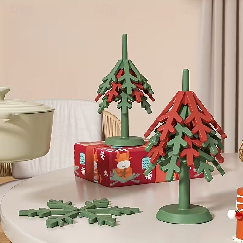 5 in 1 Heat-Resistant Table Protectors & Placemats - Tree-Shaped Hot Dishes Coasters with Green & Red Leaf Design, Decorative Heat-Resistant Coasters for Decorating Tables, Cups, Bowls and Pots3