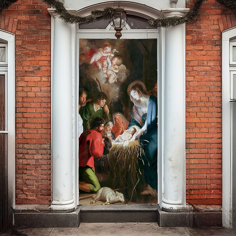 Christmas Door Cover Winter Holiday Decoration Drapes with Jesus Nativity Scene Print for Home Entryway Living Room Bedroom Indoor Outdoor Festive Seasonal Religious Home Decor2