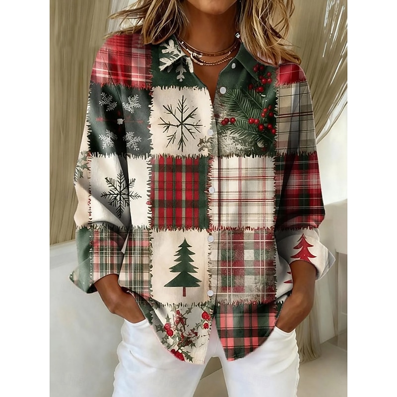 Christmas Women's Shirt Blouse Graphic Geometric Plaid Vintage Casual Long Sleeve Shirt Collar Regular Tops Daily Patchwork Buttons Print Yellow Red Green Summer Spring Fall Winter