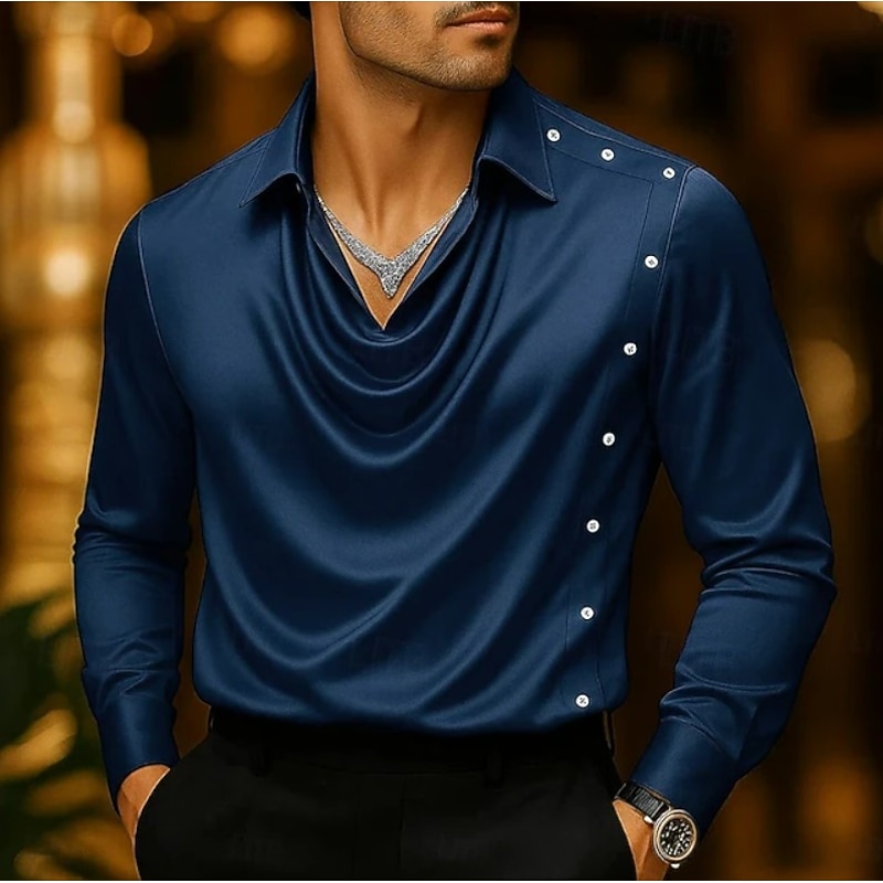 Men's Shirt Satin Shirt Dress Shirt Casual Shirt Button Up Shirt Prom Shirt Plain Formal Wedding Black Wine Royal Blue Gold Long Sleeve Shawl Collar All Seasons Clothing Apparel3