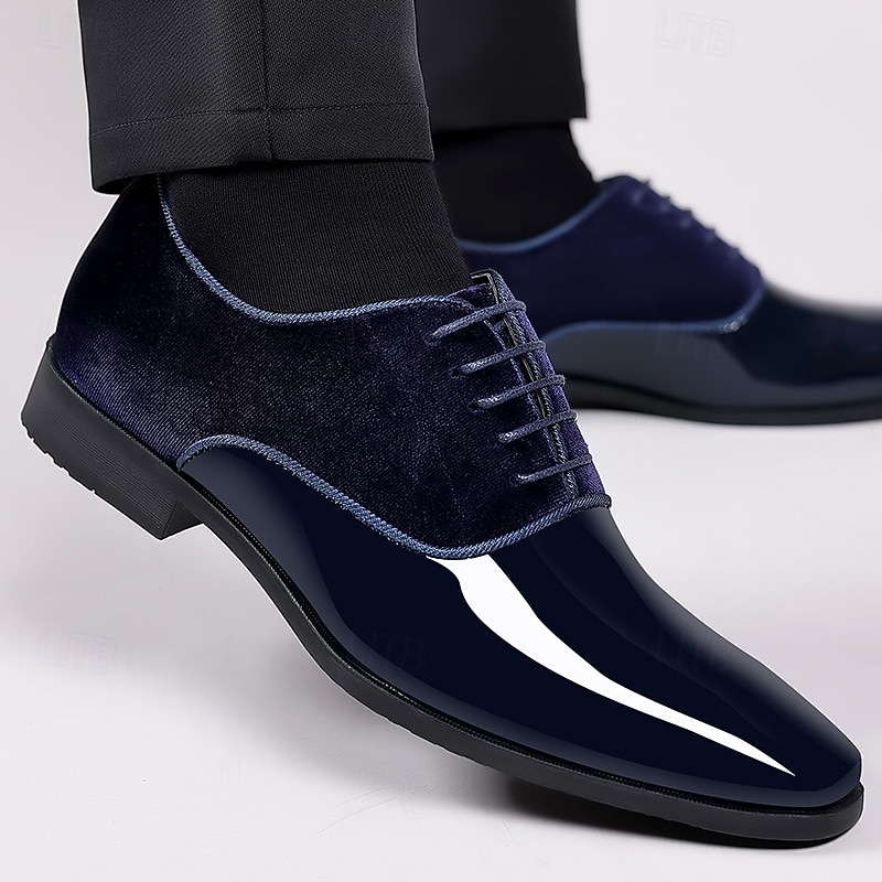 Men's Navy Blue Patent Leather Oxford Dress Shoes with Suede Contrast Panels, Elegant Pointed Toe Formal Shoes for Business and Evening Events