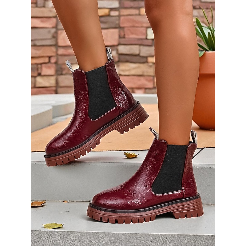 Women's Burgundy Faux Leather Chelsea Boots with Elastic Side Panels and Non-Slip Sole, Stylish Ankle Boots for Fall Winter Casual and Daily Wear
