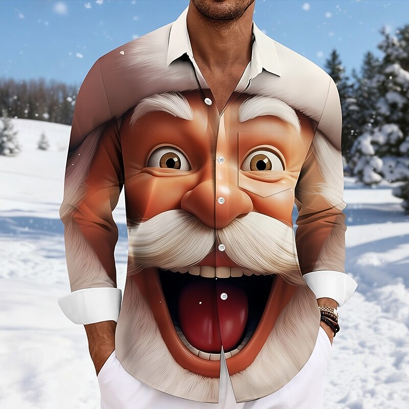 Christmas Men's Santa Claus Smile Face funny christmas Shirt Button Up Shirt Long Sleeve Funny Holiday Spring Fall Turndown 3D Print Collared Shirts Front One Pocket Light Brown