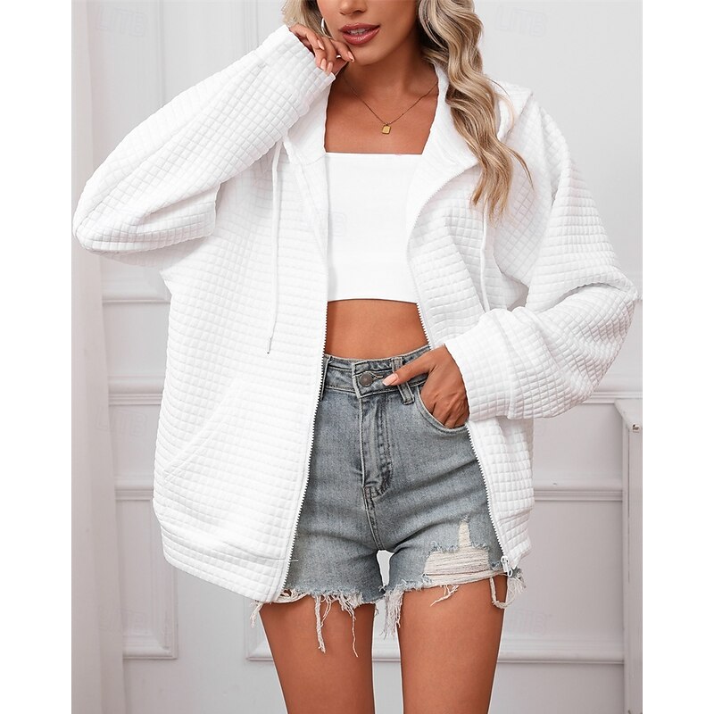 Women's Textured Jackets Zip Up Hoodies Hoodies Plain Streetwear Modern Casual Long Sleeve Hooded Regular Tops Street Dailywear Drawstring Front Pocket White Pink Khaki Army Green Gray Summer Fall3
