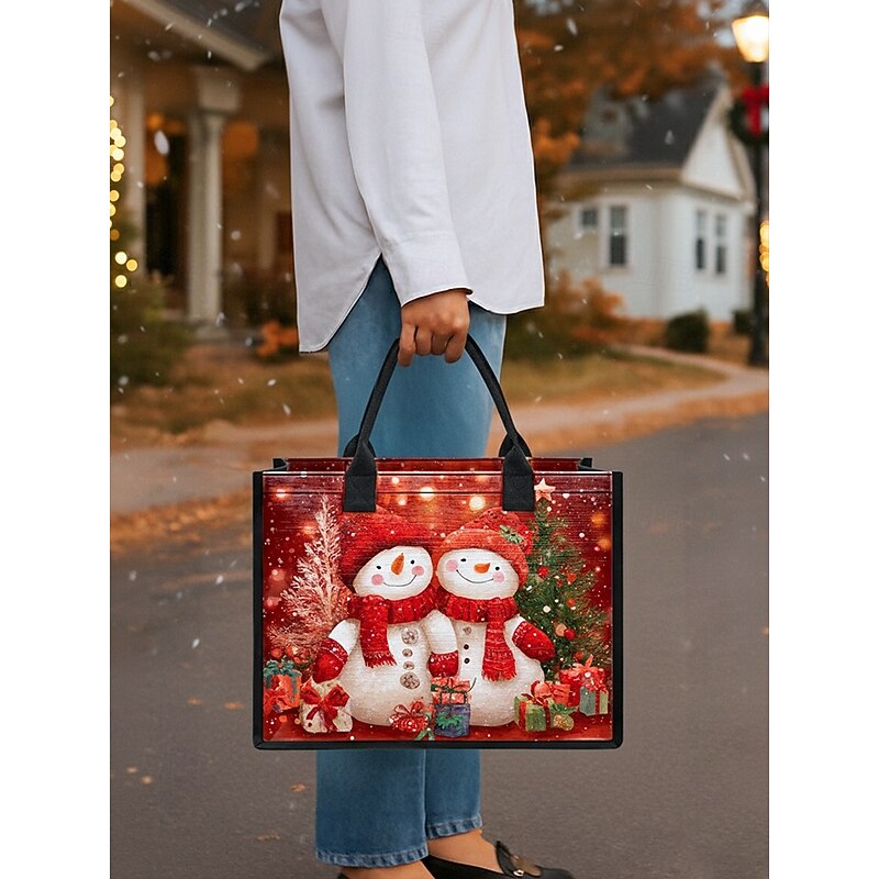 Women's Christmas Snowman Print Tote Bag, Large Capacity Canvas Shoulder Bag, Winter Holiday Gift Shopping Handbag for Women3