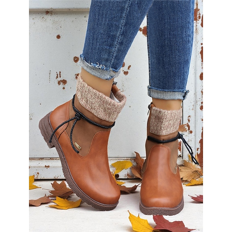 Women's Brown Faux Leather Ankle Boots with Knit Cuff and Side Zipper, Casual Warm Non-Slip Winter Booties for Outdoor & Everyday Wear3