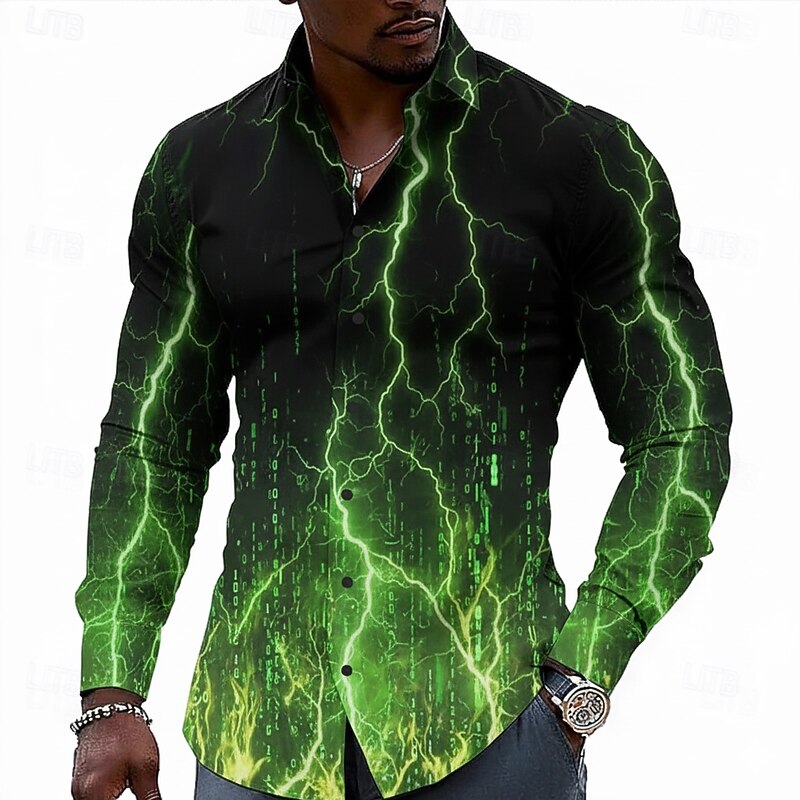 Men's Geometric Lightening Shirt Button Up Shirt Long Sleeve Fashion Casual Holiday Casual Daily Spring Fall Turndown 3D Print Collared Shirts Pink Purple Green