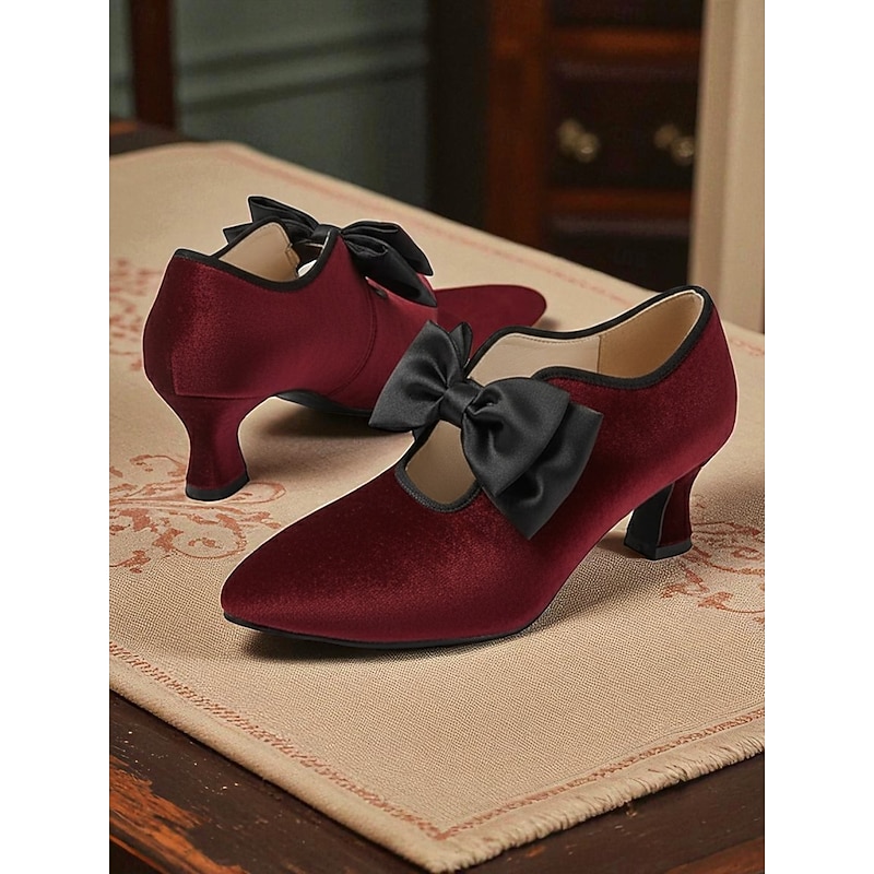Women's Black Velvet Kitten Heel Shoes with Black Bow - Vintage Victorian Style Dress Pumps for Ladies, Perfect for Weddings, Gatsby Parties & Formal Evening Outfits3