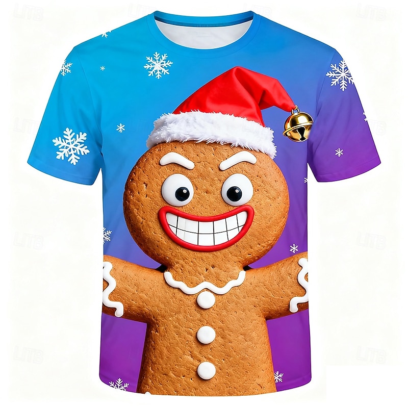 Christmas Men's Gingerbread T Shirt Short Sleeve T shirt 3D Print Crew Neck Shirt Daily Designer Artistic Vacation Party Street Yellow Pink Blue All Seasons Clothing Apparel S M L XL XXL XXXL