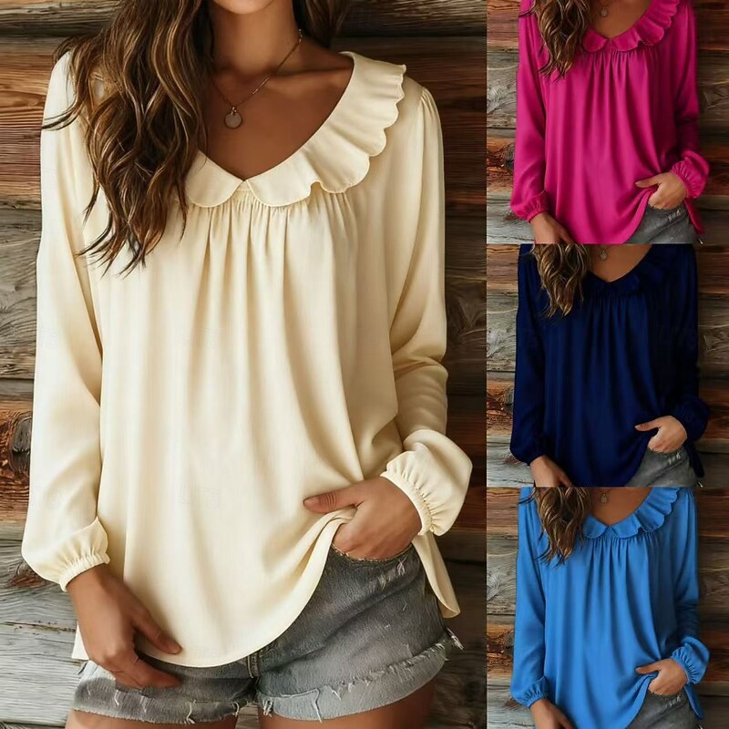 Women's Blouse Solid Color Stylish Casual Long Sleeve Crew Neck Regular Tops Daily Ruffle Navy Blue Blue Fuchsia Apricot Spring Fall Winter