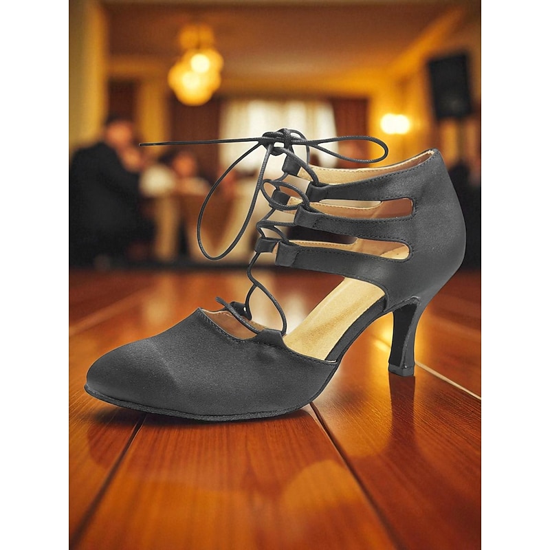 Women's Black Satin Lace-Up Ballroom Dance Shoes - Strappy Closed Toe High Heel Pumps for Professional Party & Dance Performances3