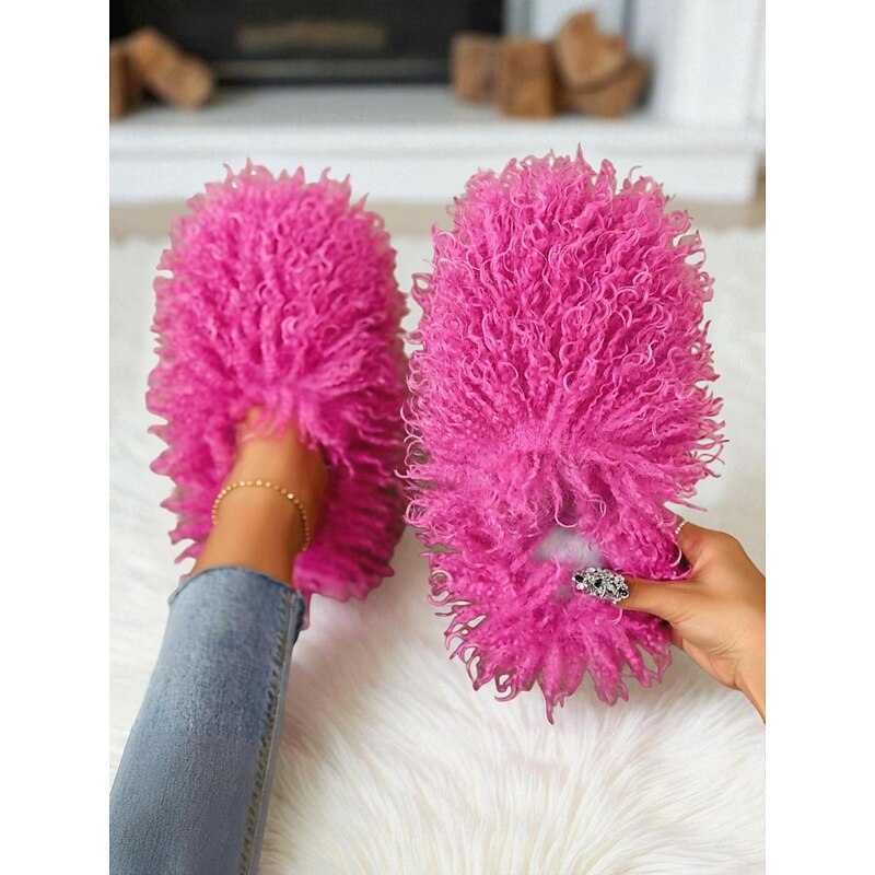 Women's Fuzzy Rose Pink Faux Fur Slippers with Cozy Plush Lining, Fluffy Indoor Winter House Shoes for Warmth & Comfort, Fun Statement Style for Home, Lounge & Holiday Relaxation