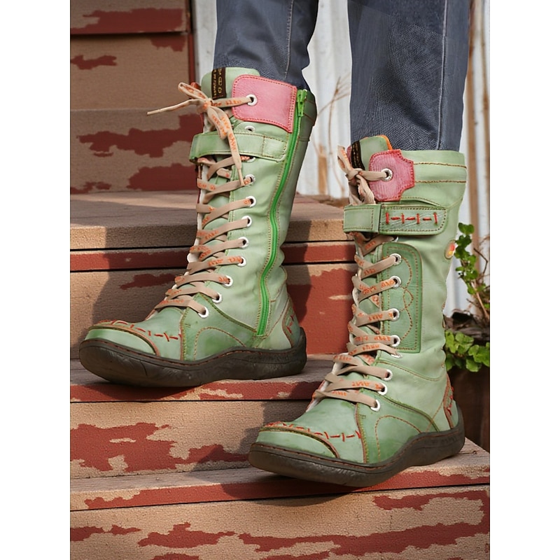 Women's Genuine Leather Lace-Up Mid-Calf Boots with Side Zipper and Colorful Stitching, Vintage Casual Fashion Boots for Winter Outfits & Outdoor Wear