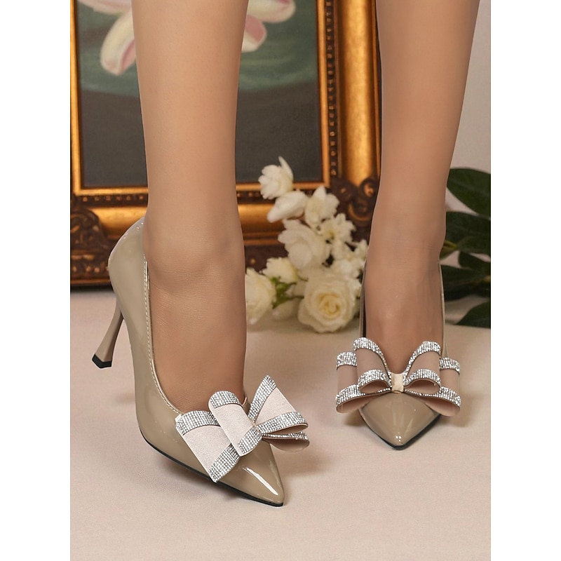 Women's Nude Patent Leather High Heel Pumps - Pointed Toe Stilettos with Rhinestone Bow for Formal Occasions & Cocktail Parties