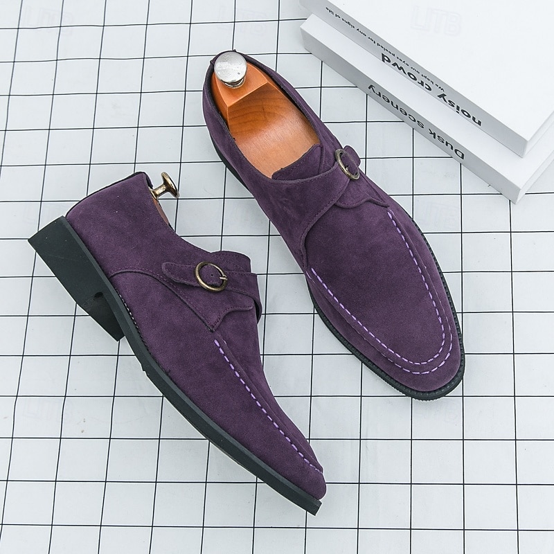 Men's Purple Suede Monk Strap Shoes with Metal Buckle, Vintage British Style Dress Shoes for Formal Events, Parties and Fashion Enthusiasts4