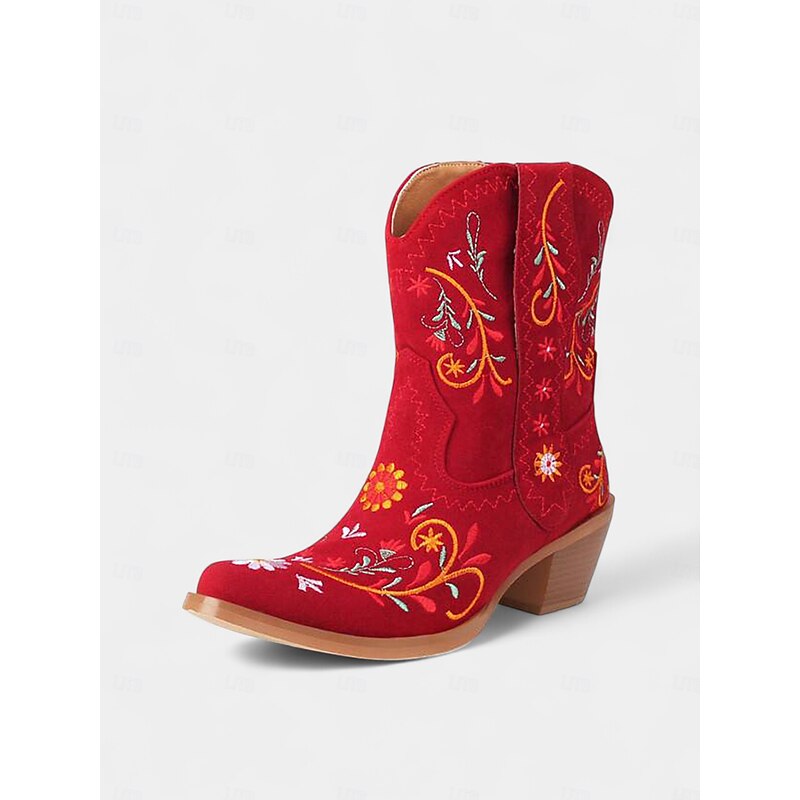Women's Red Embroidered Western Cowboy Mid-Calf Boots with Block Heel, Stylish Vintage Rodeo Cowgirl Booties for Festivals, Parties & Country Concerts3