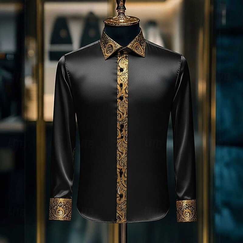 Men's Paisley Floral Print Ethnic Shirt Satin Shirt Dress Shirt Long Sleeve Vintage Retro Vacation Dailywear Summer Spring Fall Turndown 3D Print Button Up Shirts Black Gold2