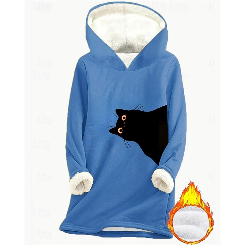 Women's Pullover Hoodie Sweatshirt Graphic Animal Cat Warm Casual Sherpa Fleece Long Sleeve Hooded Long Tops Street Dailywear Casual Print Fleece Lined Dark Pink Blue Gray Fall Winter3