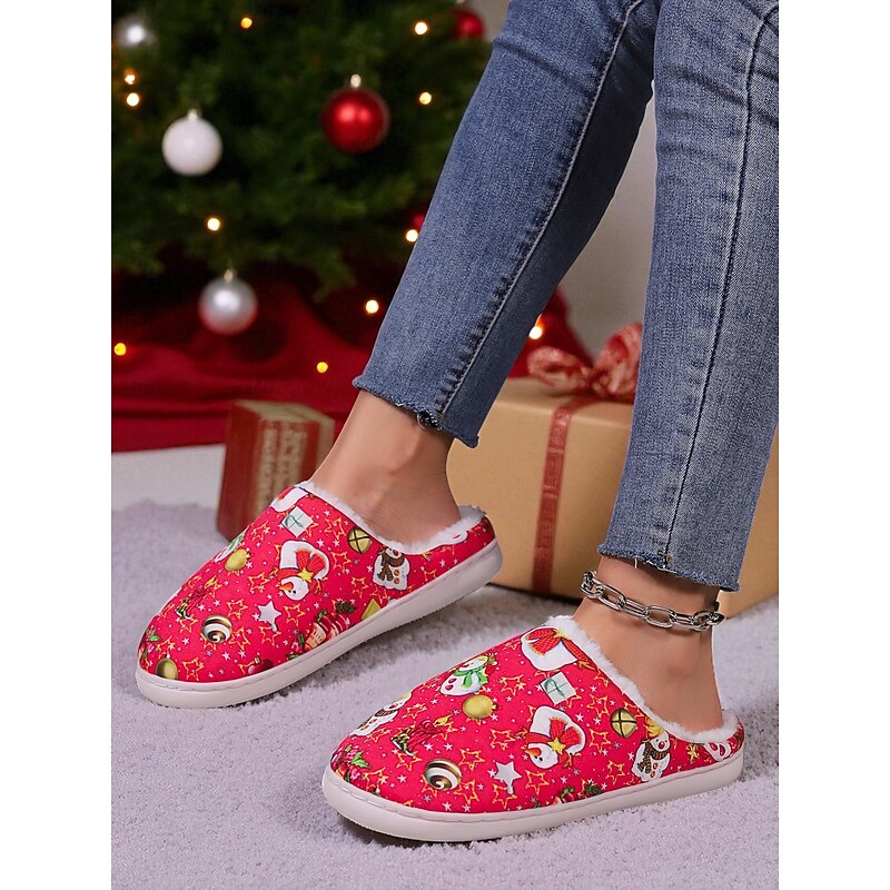 Women's Red Christmas Slippers with Snowman & Holiday Print, Warm Plush Indoor House Shoes for Winter & Holiday Gift4