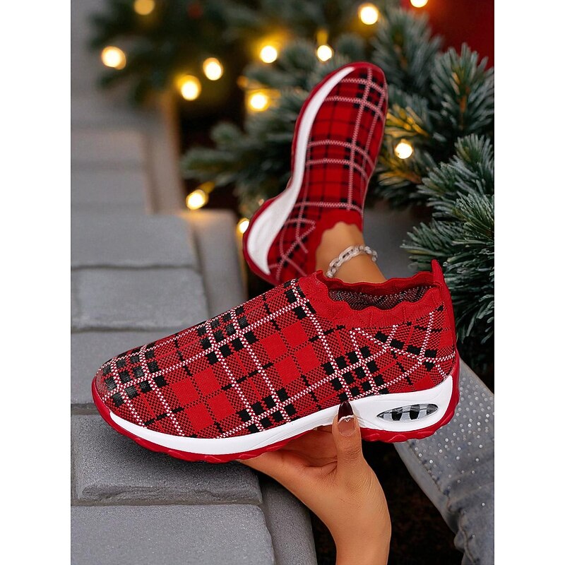 Women's Red Plaid Slip-On Sneakers with Air Cushion Sole, Comfortable Lightweight Casual Shoes for Christmas, Walking and Travel3
