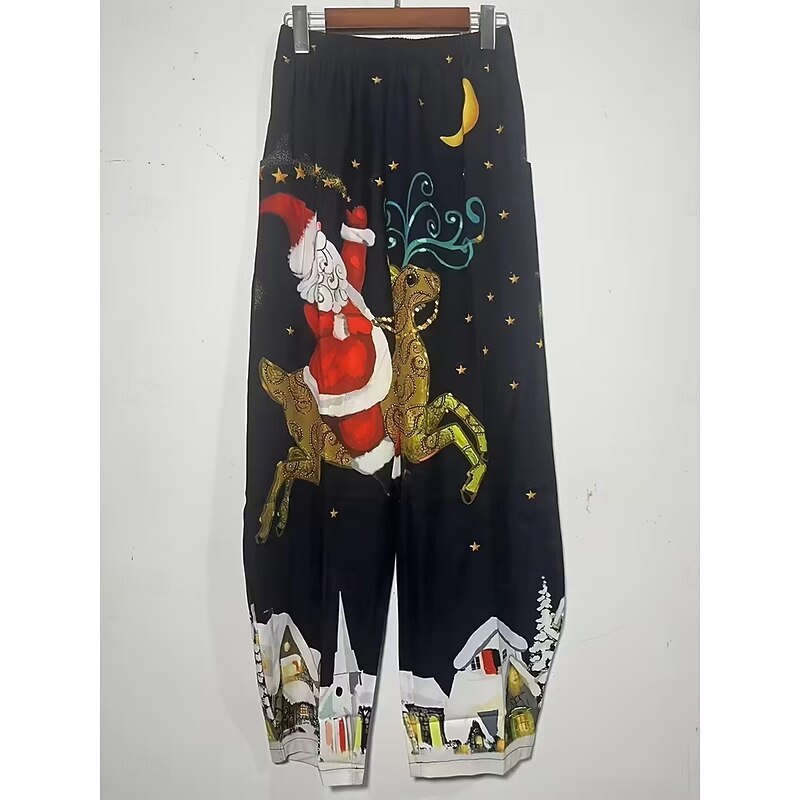 Women's Wide Leg Pants Trousers Vacation Vintage Ethnic Style Full Length High WaistPantsUgly Christmas Graphic Santa Claus Pocket Elastic Waistband Print Comfy Breathability Inelastic Vacation2