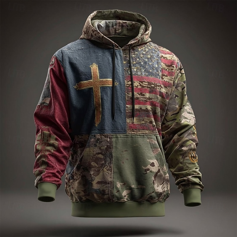 Men's American US Flag Cross Hoodie Sweatshirt Fashion Plaid Crew Neck Outdoor Office Streetwear Blue Green Drawstring Graphic Fall Winter Designer