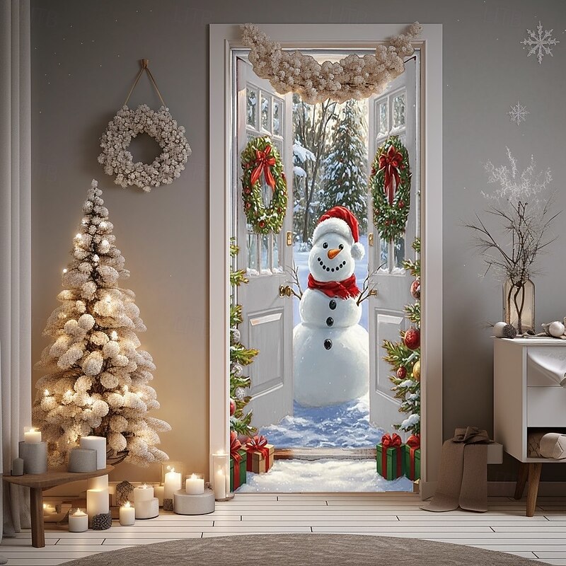 Christmas Door Cover Winter Holiday Decoration Drapes with Open Door Snowman and Christmas Wreath Print for Home Entryway Living Room Bedroom Indoor Outdoor Festive Seasonal Home Decor4