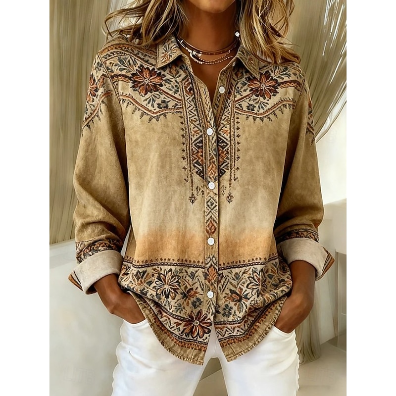 Women's Shirt Blouse Graphic Geometric Paisley Bohemia Vintage Tropical Long Sleeve Shirt Collar Regular Tops Daily Patchwork Buttons Print Orange Green Khaki Spring Fall Winter3