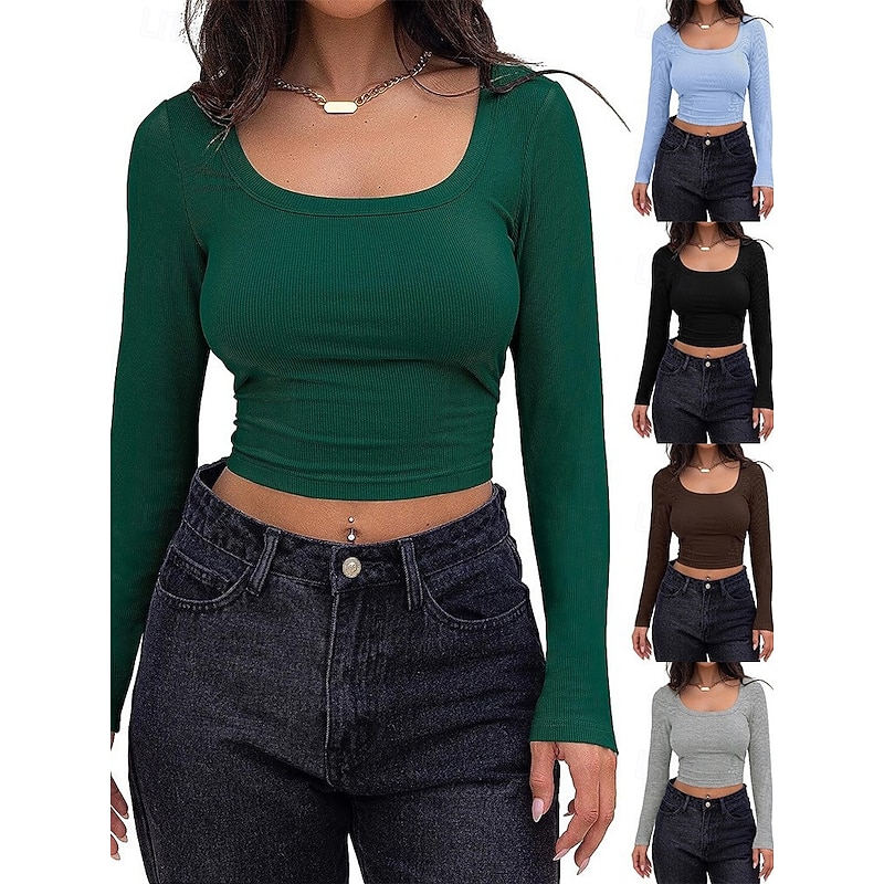Women's Blouse Solid Color Stylish Casual Long Sleeve Scoop Neck Regular Tops Daily Ruched Brown Green Gray Light Blue Spring Fall Winter