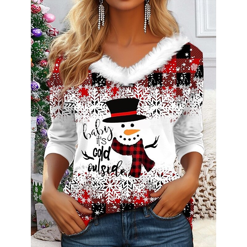 Christmas Women's Shirt Graphic Snowflake Elegant Vintage Party Long Sleeve V Neck Regular Tops Party Evening Wear Daily Holiday Glitter White and Red Green / Red Pink Red Blue Spring Fall Winter2