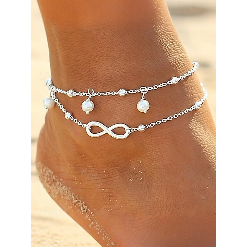 Women's Bohemian Infinity Anklet with Pearl Beads, Layered Chain Beach Jewelry for Ladies, Summer Festival and Vacation Accessories