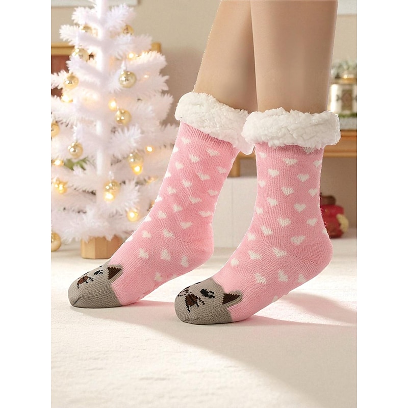 Women's Christmas Fuzzy Knit Socks, Red Reindeer Snowflake Pattern Warm Winter Slipper Socks with Plush Lining for Holiday Gifts & Homewear2