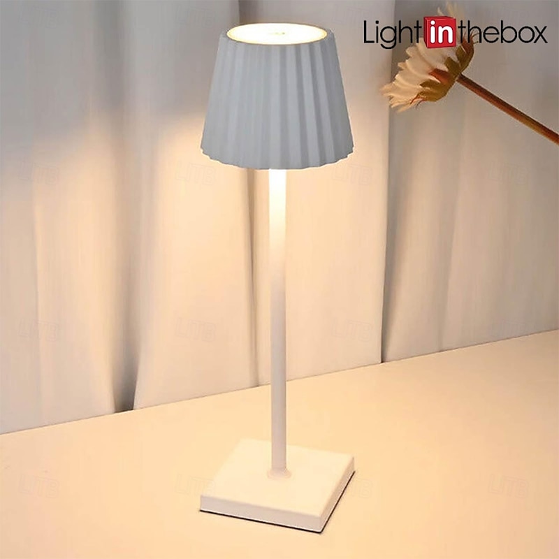 Cordless Table Lamp Eye Protection Aluminum Touch Stepless Dimming Pleated Lampshades Rechargeable Non Slip LED Tri-color Table Lamp with USB Charging Cable for Dining Room
