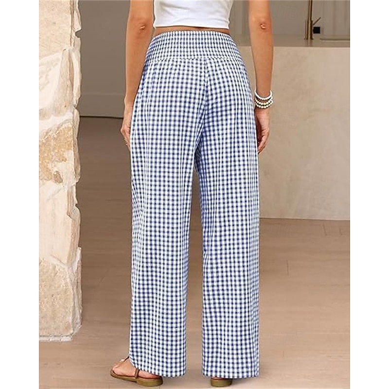 Women's Wide Leg Pants Trousers Streetwear Ethnic Style Casual Full Length High Waist Medium Waist Plaid Elastic Waist Comfortable Micro-elastic Outdoor Vacation Daily Black Pink Army Green Blue3