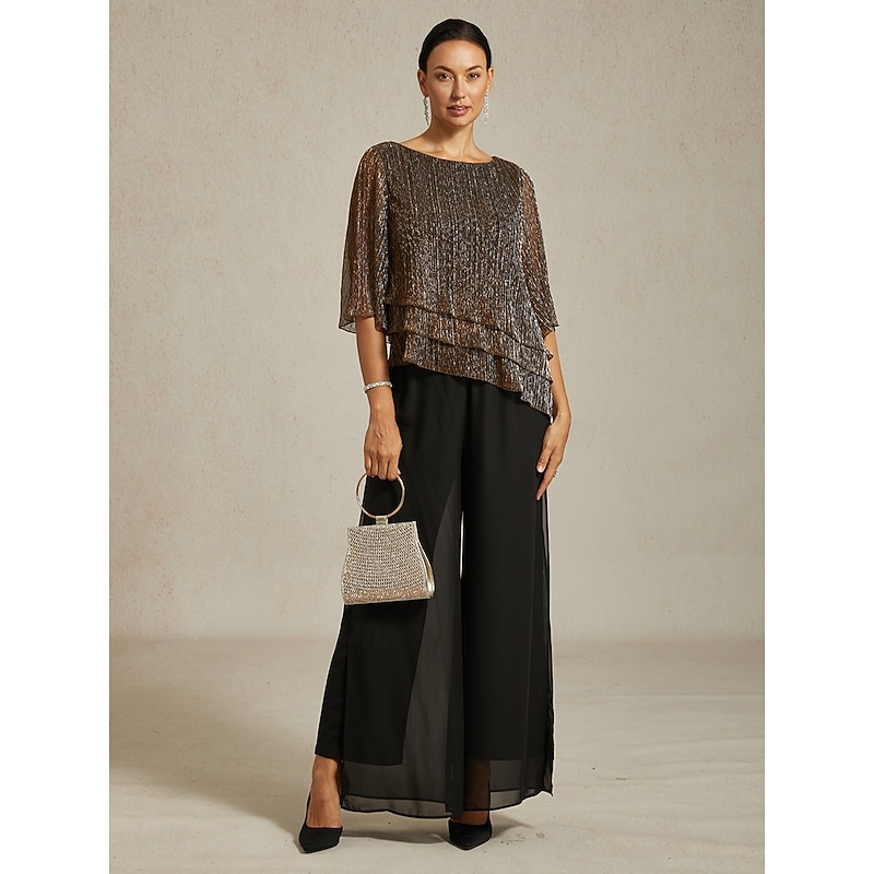 Women's Blouse Dressy Tops Flowy Tops Chiffon Tops Elegant Vintage Stylish 3/4 Length Sleeve Crew Neck Boat Neck Work Daily Date Night Outfits Sequins Pleated Patchwork Brown Spring Fall4