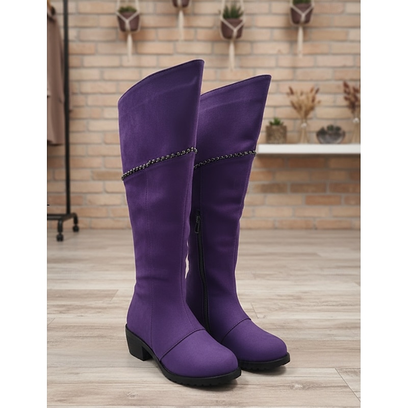Women's Purple Suede Knee-High Boots with Side Zipper and Studded Detailing - Stylish Casual Footwear for Fall and Winter2