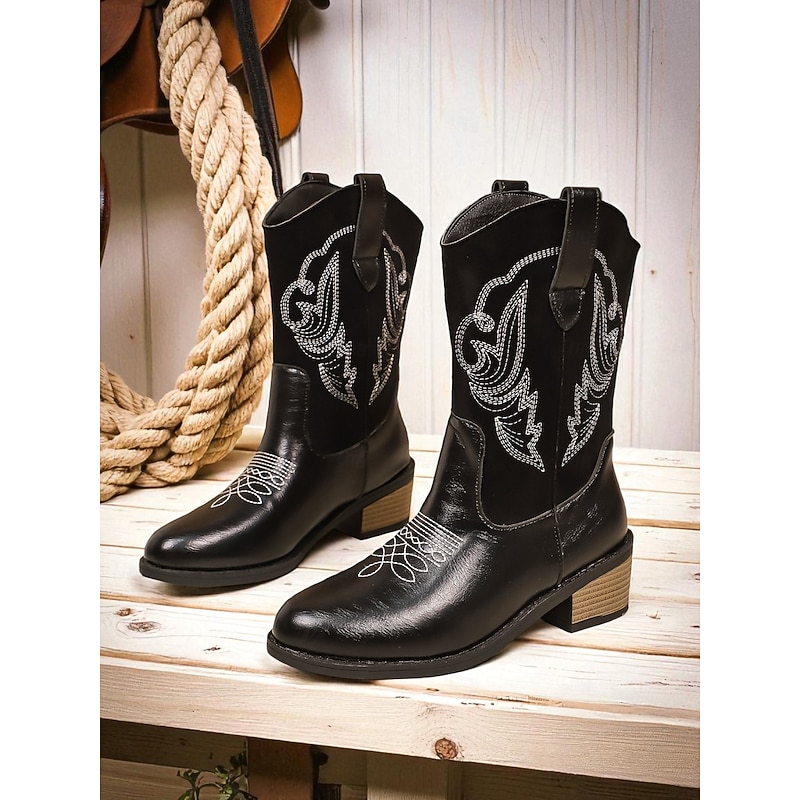 Women's Black Western Cowboy Boots – Classic Embroidered Mid-Calf Leather Boots for Riding, Country Style and Casual Wear