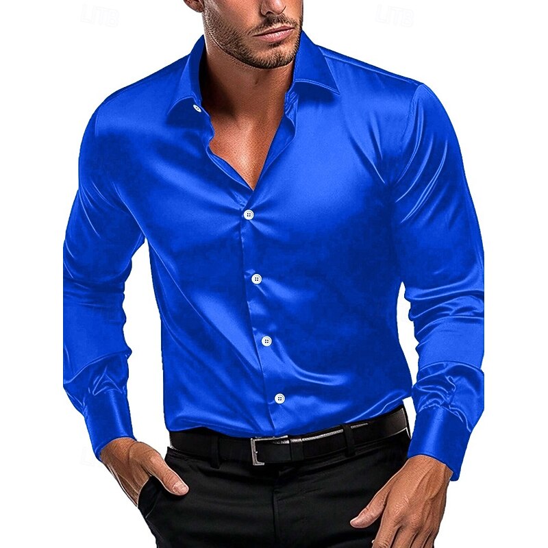 Men's Shirt Satin Shirt Dress Shirt Casual Shirt Button Up Shirt Prom Shirt Plain Formal Wedding Light Blue Black Royal Blue Gold Long Sleeve Lapel All Seasons Clothing Apparel