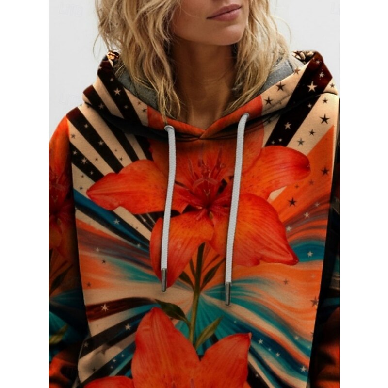 Women's Pullover Hoodies Floral Fashion Streetwear Casual Long Sleeve Hooded Regular Tops Dailywear Casual Drawstring Print Red Spring Fall2